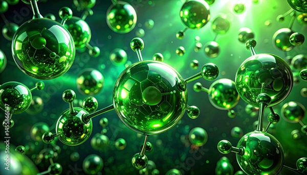 Fototapeta Abstract depiction of green hydrogen atoms, floating in a deep green light, metallic texture