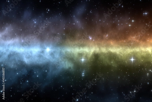 Fototapeta Stunning rainbow spectrum nebula cloud stretches across black space canvas, filled with twinkling stars and vibrant colors, evoking sense of wonder and cosmic beauty