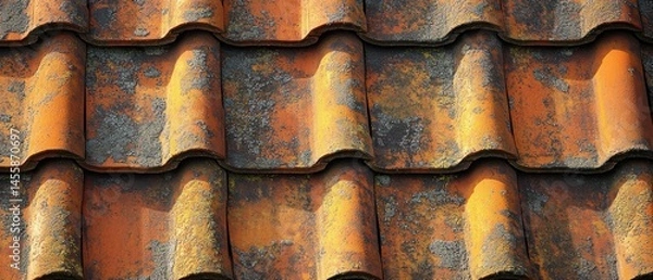 Fototapeta Orange clay roof tiles exhibit aging texture, presenting weathered appearance and moss growth.
