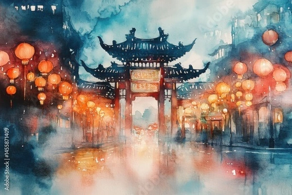 Fototapeta A vibrant watercolor scene of a traditional Chinese gate illuminated by glowing lanterns on a misty night.