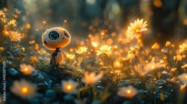 Fototapeta A whimsical illustration of a tiny, sentient robot tending to a miniature garden filled with glowing plants.