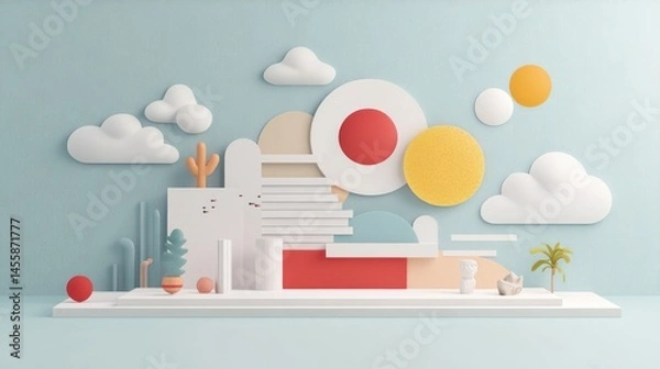 Obraz Minimalist, colorful 3D landscape scene with geometric shapes, clouds, sun, and cacti.  Soft pastel colors create a serene ambiance