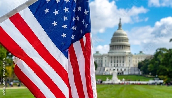 Fototapeta Illustration of Generative AI of the United States flag with the White House as the background. Suitable for presentation background 