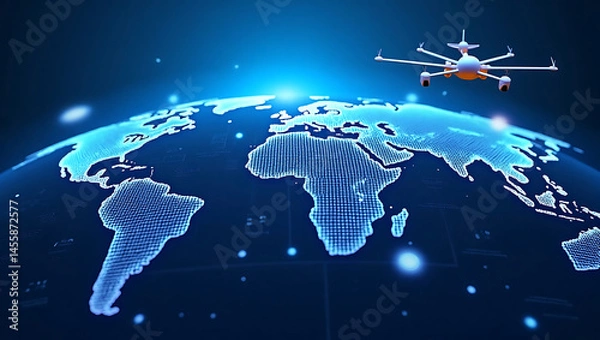 Obraz Global Drone Network Futuristic Technology Over Digital World Map