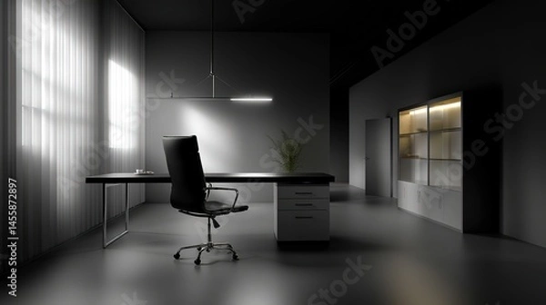 Fototapeta Minimalist black office with modern chair and sleek desk, embodying simplicity and elegance in design.

