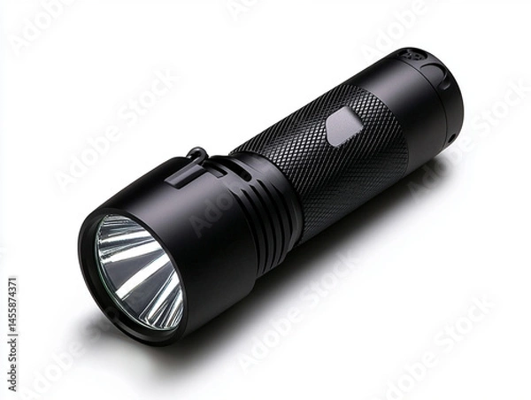 Fototapeta Compact flashlight with LED bulb, isolated on white, emergency tool.