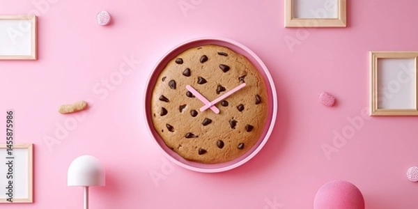 Fototapeta Creative cookie-shaped clock on pink background with decor