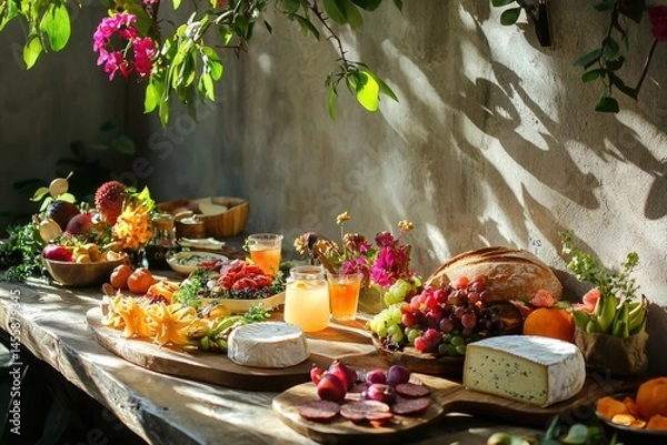 Fototapeta Abundant outdoor table laden with cheese, fruits, bread, drinks, and flowers, bathed in dappled sunlight.