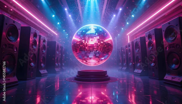 Fototapeta Neon Lights, Disco Ball, and Powerful Sound System A Retro-Futuristic 3D Render