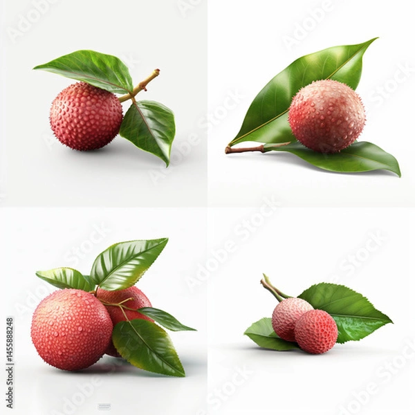 Fototapeta Four digital renderings of exotic fruit with leaves.