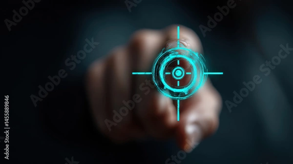 Fototapeta Focused hand pointing at glowing neon target icon, symbolizing precision and accuracy in digital context. image conveys sense of professionalism and modern technology