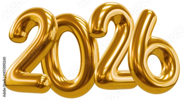Fototapeta 2026 New Year, 3d realistic glossy golden numbers 2026, text isolated on transparent background