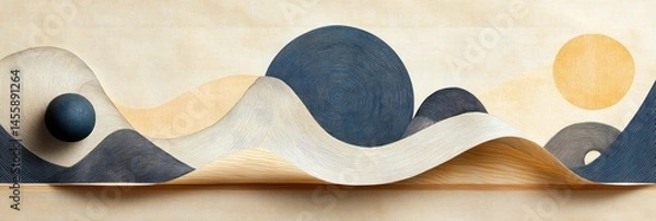 Obraz Abstract landscape with sculpted forms of mountains, waves, and orbs