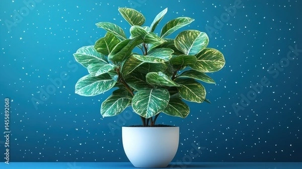 Obraz A vibrant houseplant in a white pot, against a blue background speckled with tiny white dots. Lush green leaves with white variegation create a striking contrast