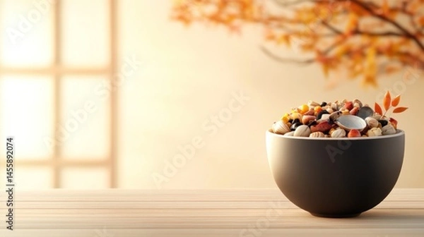 Obraz A bowl of mixed grains and legumes, autumnal colors, serene setting