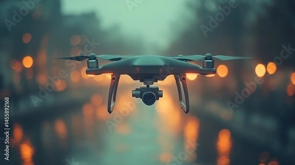 Obraz A drone hovers over a city canal at twilight, capturing the urban landscape
