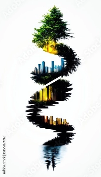 Obraz A swirling, abstract design of a tree, city, and reflection, with vibrant colours, combining nature and urban elements