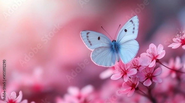 Obraz Delicate white butterfly rests on pink blossoms in soft sunlight