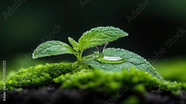 Obraz Tiny sprout with dew drops on lush moss