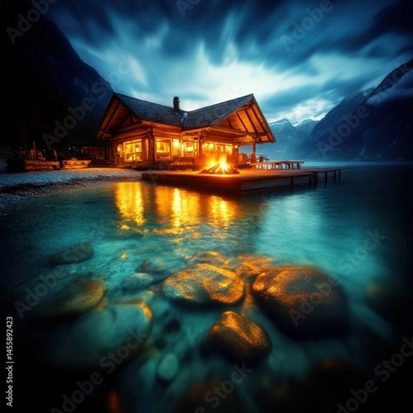 Obraz Lakeside cabin at twilight, illuminated by warm firelight, reflecting on the tranquil water