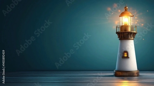 Obraz A small lighthouse, emitting a bright beam of light, stands on a wooden surface against a teal backdrop. Sparkling light bursts from the lamp