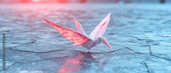 Obraz A delicate origami crane, light pink and red hues, resting on a textured stone surface