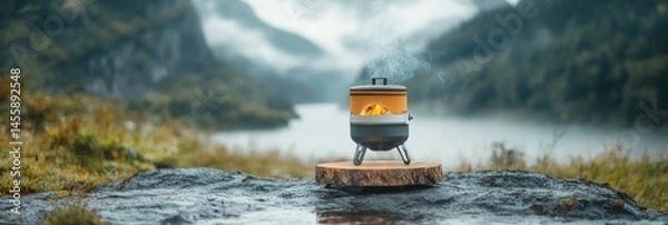 Obraz Small portable outdoor stove sits on a wooden stump by a misty river
