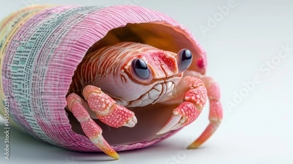 Obraz Small, pinkish crab inside a decorative shell.  Close-up of a tiny crab, vibrant pink and orange, nestled within a pink, textured shell