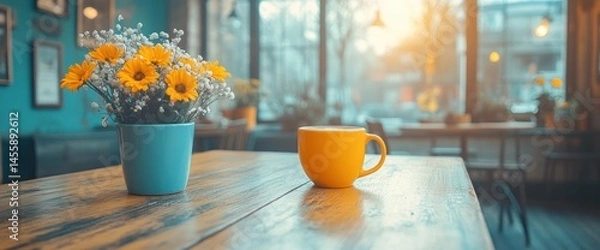 Obraz Yellow coffee cup and flowers on a wooden cafe table