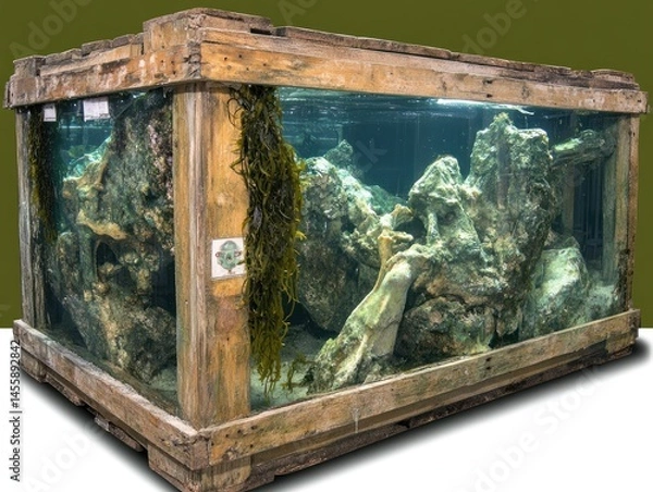 Obraz Large aquarium housed in rustic wooden crate, filled with rocks, kelp, and clear water