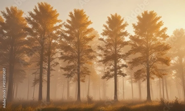Fototapeta Golden hour, fog blankets towering trees, rustic charm ,  vintage,  sunlight,  golden hour
