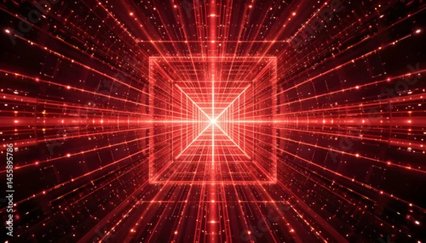 Fototapeta Red Energy Cube Abstract 3D Digital Art, Glowing Lines and Particles, Futuristic Tunnel, Sci-Fi Background