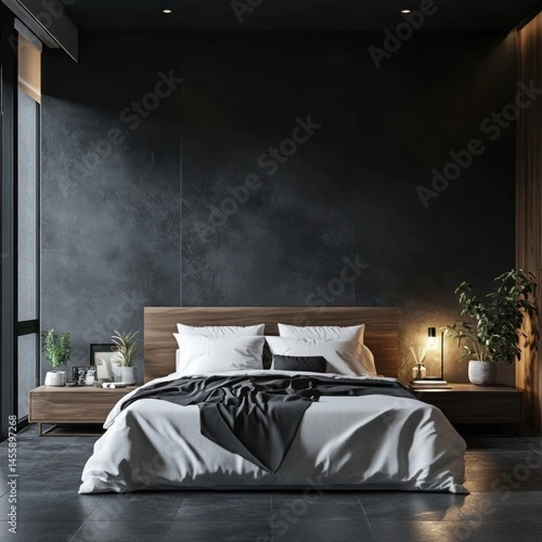 Fototapeta Minimalist dark grey bedroom with empty wall above the headboard, suitable for mockup presentations, 3D render--a --v 6.1 Job ID: d7baa6d4-bfad-42bf-8ca2-f2aa933bba83