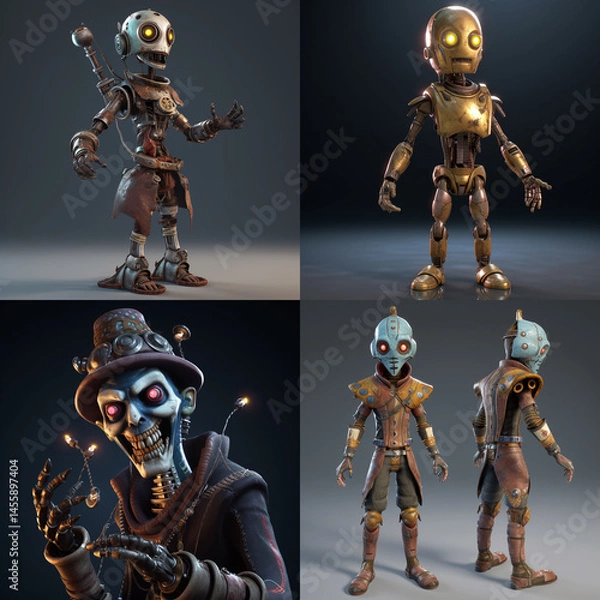 Obraz Four digital renderings of steampunk-inspired robots and undead figures.