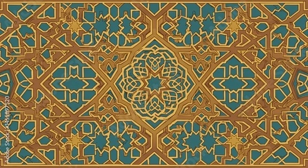 Fototapeta Intricate Geometric Pattern: A Kaleidoscope of Teal and Gold