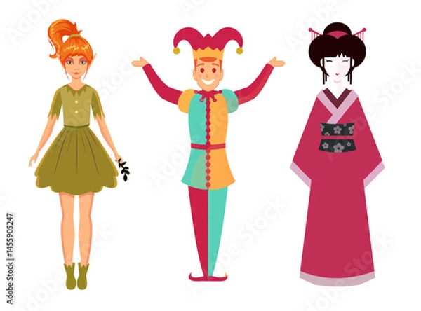 Fototapeta a set of vector images with fantasy characters. An elf girl in the forest, a juggling jester in a circus, a geisha in the square. cartoon flat illustrations with people