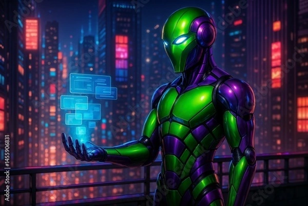 Fototapeta futuristic green robot using holographic interface in glowing neon city at night for use in technology visuals sci fi scenes or digital innovation concepts