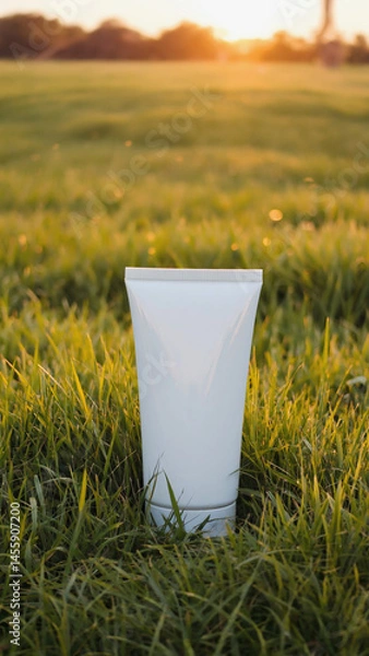 Fototapeta A mockup of an image of a white empty tube of cream. The concept of environmental friendliness of the product, natural cosmetics, natural ingredients