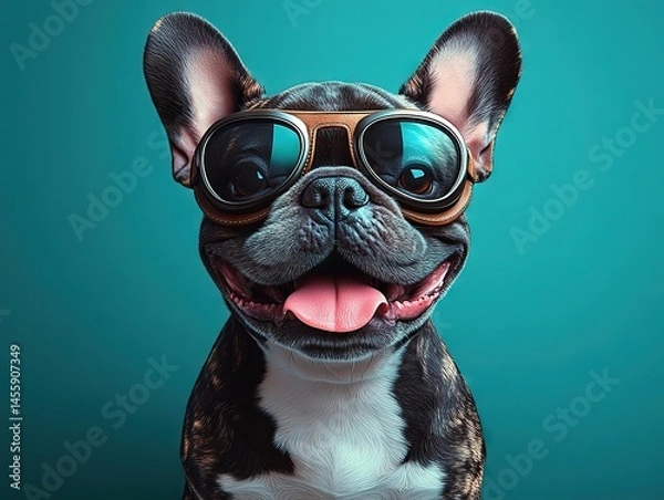 Fototapeta Stylish French Bulldog in black harness and reflective goggles, playful tongue sticking out against vibrant teal backdrop.