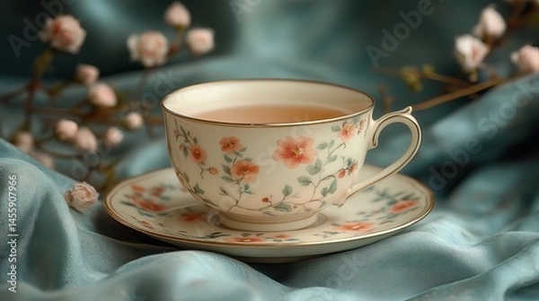 Fototapeta Delicate porcelain teacup sits on a saucer, adorned with intricate floral patterns in pastel shades.