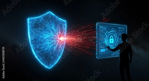 Fototapeta Glowing Blue Digital Shield Deflecting Binary Code for LLM Security