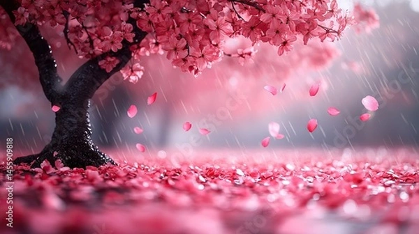 Fototapeta Dusty rose petals fall from a blossoming cherry tree, creating a delicate carpet of pink on the ground below.