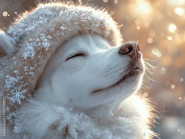 Obraz Peaceful Husky with snow-dusted fur closes eyes under golden sunlight, soft bokeh lights enhance dreamy winter vibe.