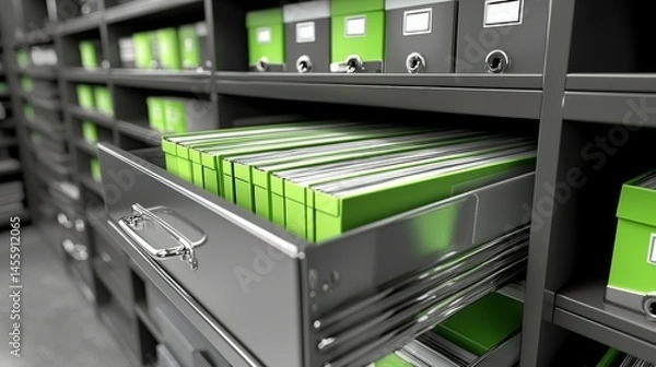 Fototapeta Office Filing System Gray Shelves with Green Binders, Document , Archive