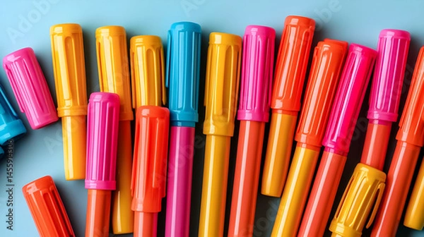 Fototapeta Colorful pens in various shades of orange, pink, red, blue, and yellow.  Caps are off on some, lying scattered, showcasing the vibrant colors and smooth finish. 