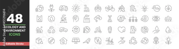 Obraz Ecology icons set. Vector illustration in modern thin line style of environment related icons: sustainable future, recycling, green energy, and more. Pictograms and infographics editable stroke
