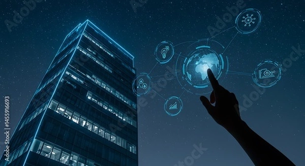 Fototapeta Towering Glass Corporate Building with Holographic Global Networks