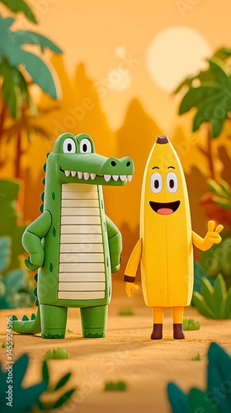 Obraz Playful crocodile and banana friends jungle adventure animation bright cheerful 3d animation