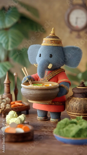 Obraz Cozy 3d animation elephant chef crafts delicious noodles in culinary art