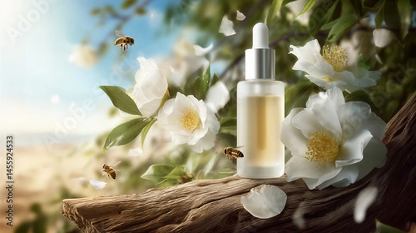Obraz Bees pollinating flowers in a bright nature scene - close-up photography ads banner mockup style